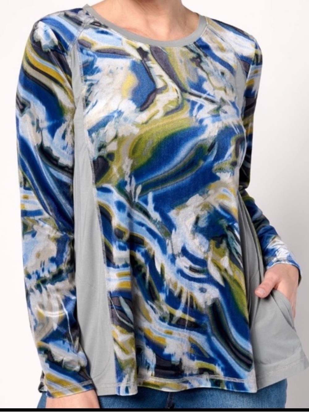 LOGO by Lori Goldstein Sz L Printed Velour Scoop Neck Pieced Top Glacier Grey